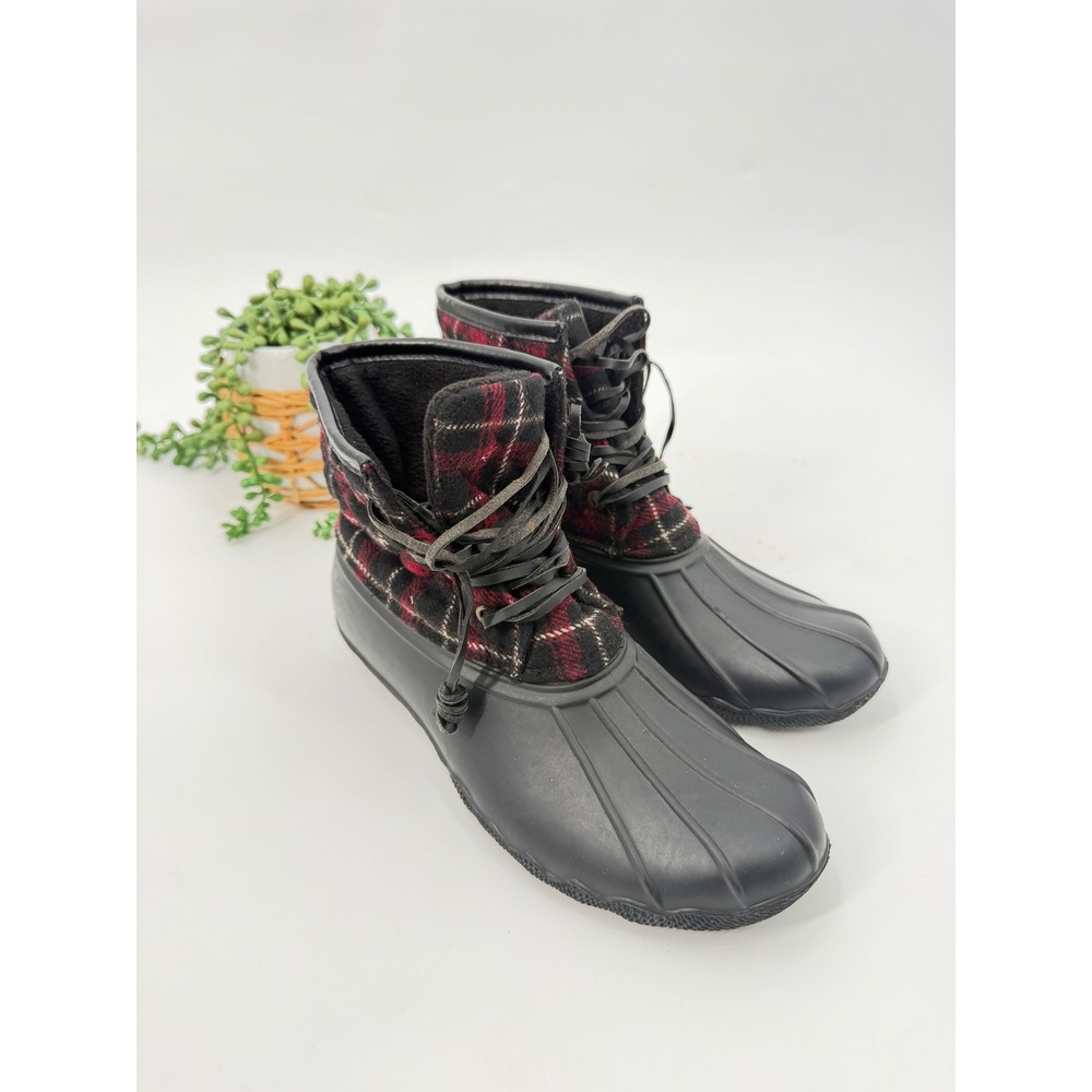 Seven7 Duck Boots Women 7 Black Red Plaid Flannel Ankle Lace Up Rain Boots